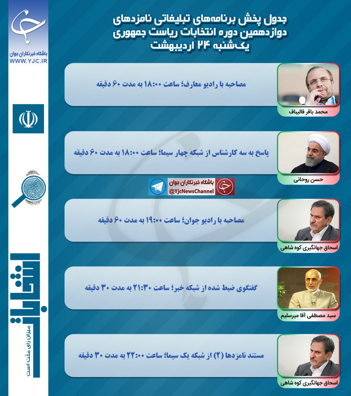 برنامه نامزدهای انتخابات ریاست جمهوری در رسانه ملی در بیست و چهارمین روز اردیبهشت